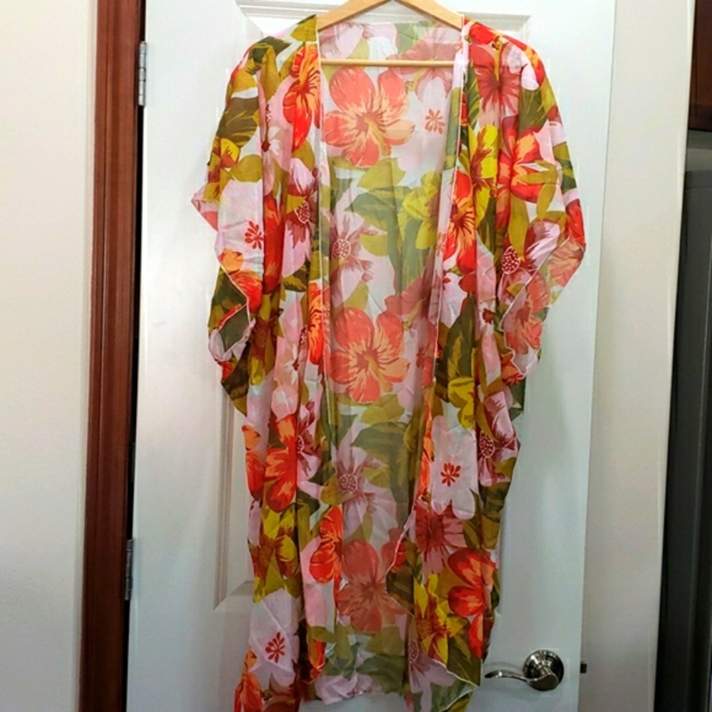 Floral Print Open Front Chiffon Cover Up - Picture 5 of 6